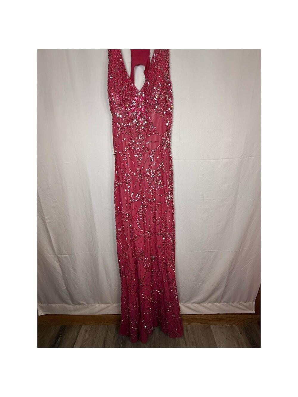 Adrianna Papell Gown Womens Size 8 Pink Sequin Halter Maxi Deep V Back Cutout - Picture 8 of 16